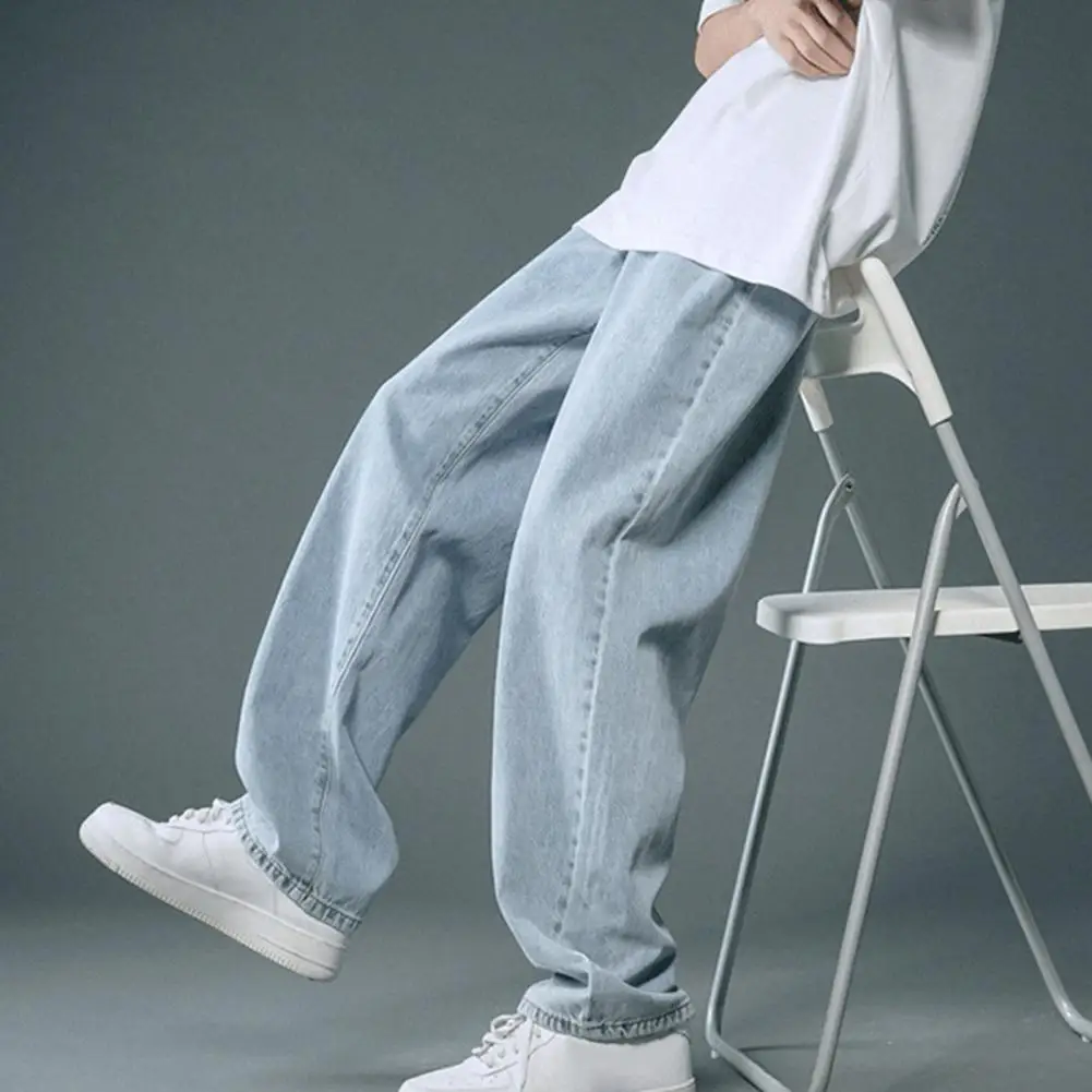 Summer Autumn Men Jeans Solid Color Elastic Waist Loose Wide Leg Denim Trousers Streetwear