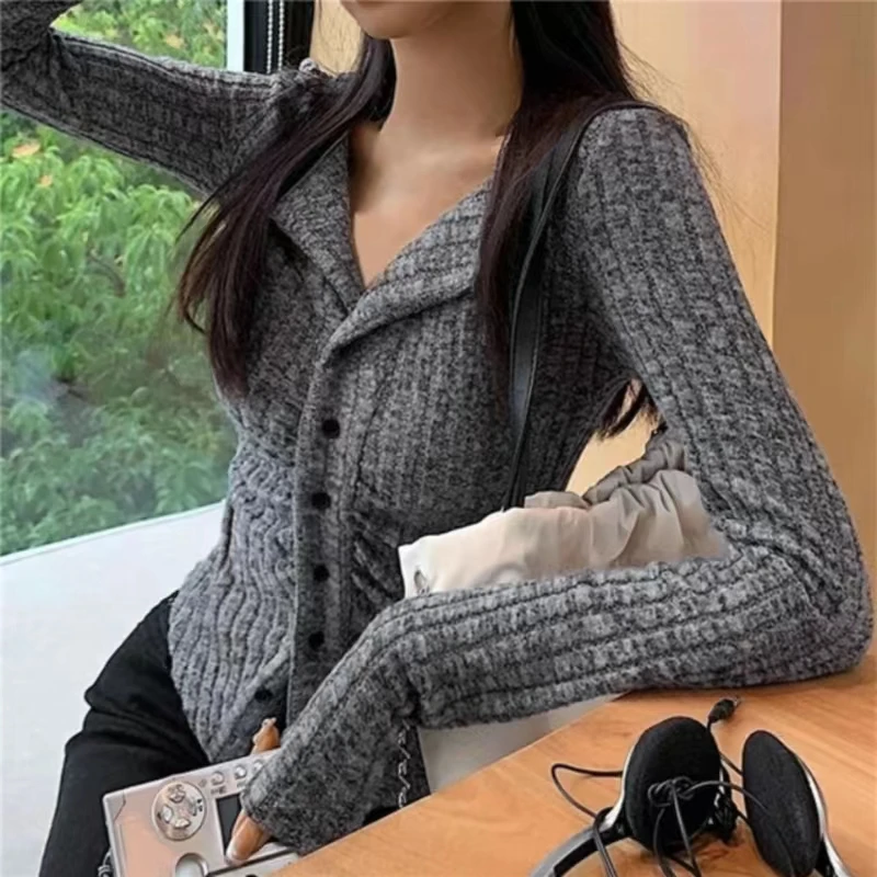 Korean Knitted Cardigan for Women, V Lapel, Long Sleeve, Knitted Jumper Collar, Vintage Sweater, Slim Coat, New Clothes, Y2k