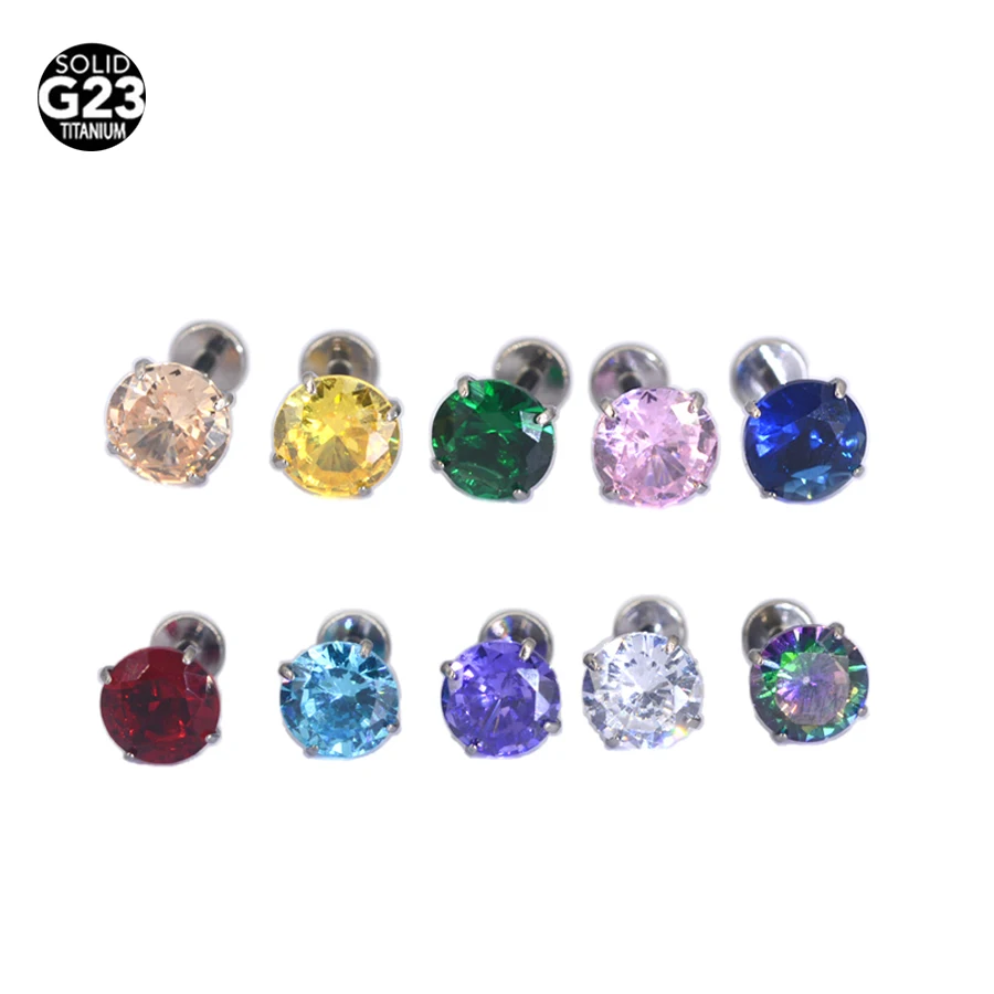 1Pc F136 Titanium  Colorful Zircon Ear Stud Helix Cartilage Tragus Body Piercing Jewelry 6mm CZ Labret Lip Piercing Stud Interna