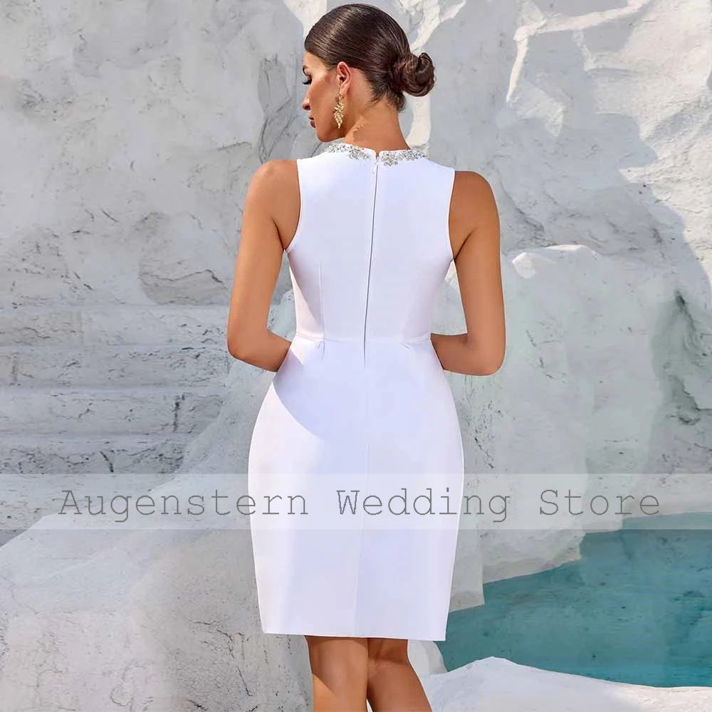 Exquisite Women's Wedding Dresses Mini Satin A-line Wedding Party Dress White Square Neck Rhinestones Wedding Guest Dress Short