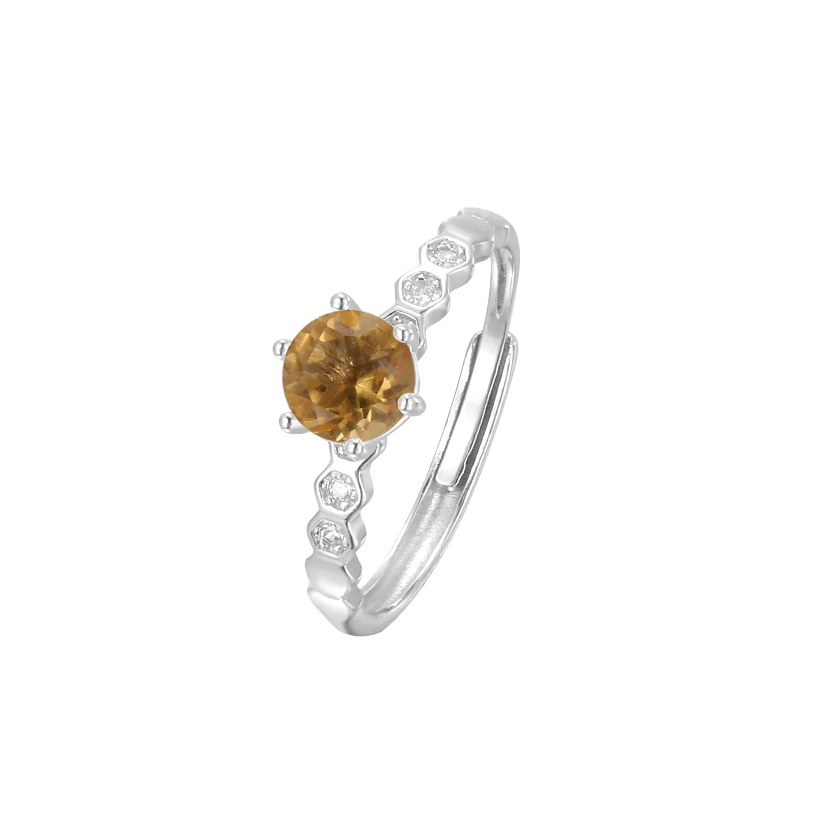 Adjustable 925 Silver Ring 6.5mm Natural Citrine Stone Open Band Bohemian Yellow Golden Sunstone Jewelry Wealth Gift