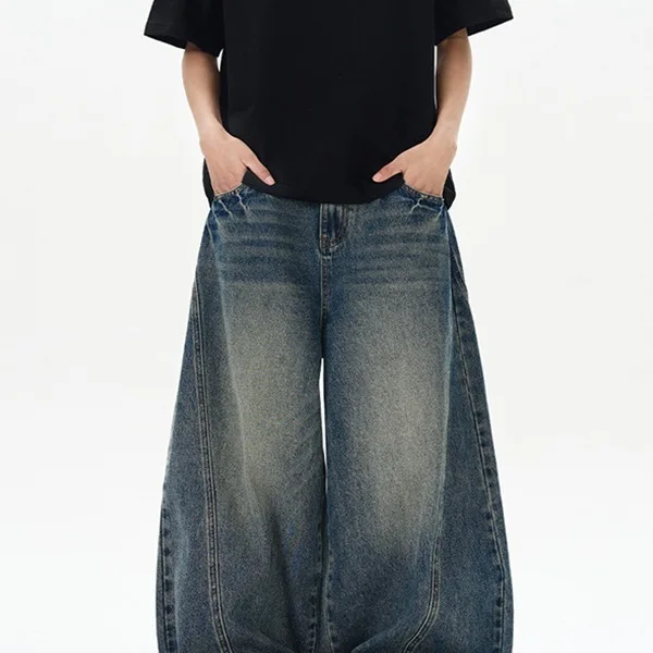 

Мужские синие потертые джинсы Scimitar в американском стиле ретро. Мужские и женские модные прямые серповые брюки.