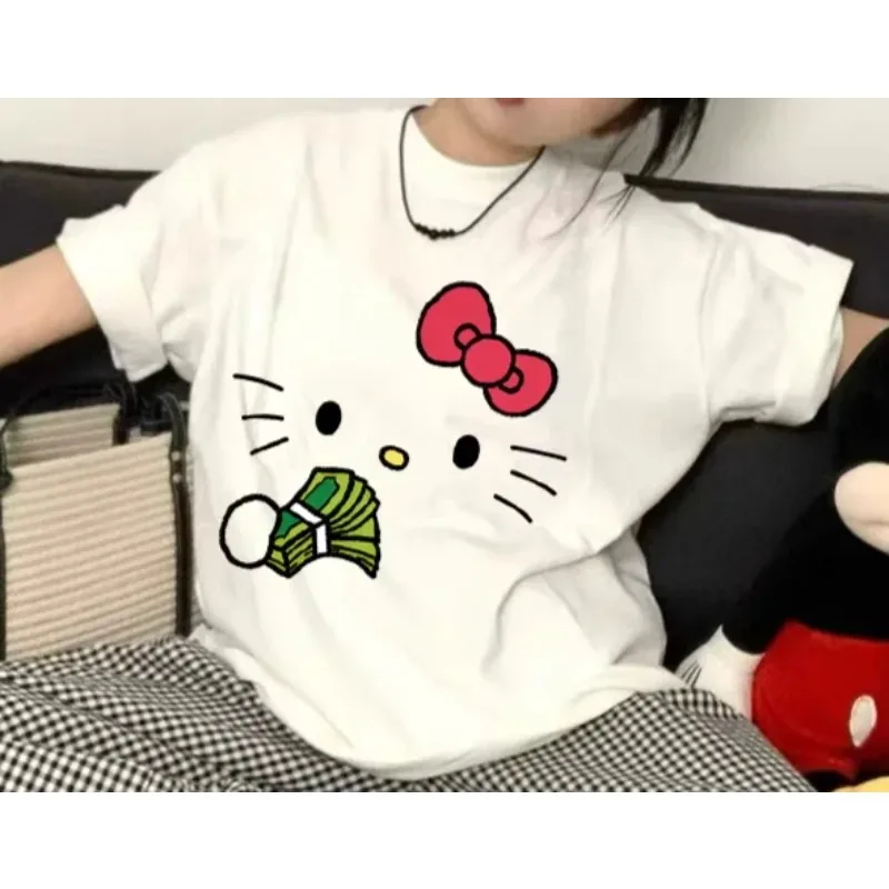 Hello Kitty Cartoon 2026 Simple Loose Cute Round Neck Casual Trend Summer Pure Cotton Short Sleeved T-shirt Fashionable Y2K Top