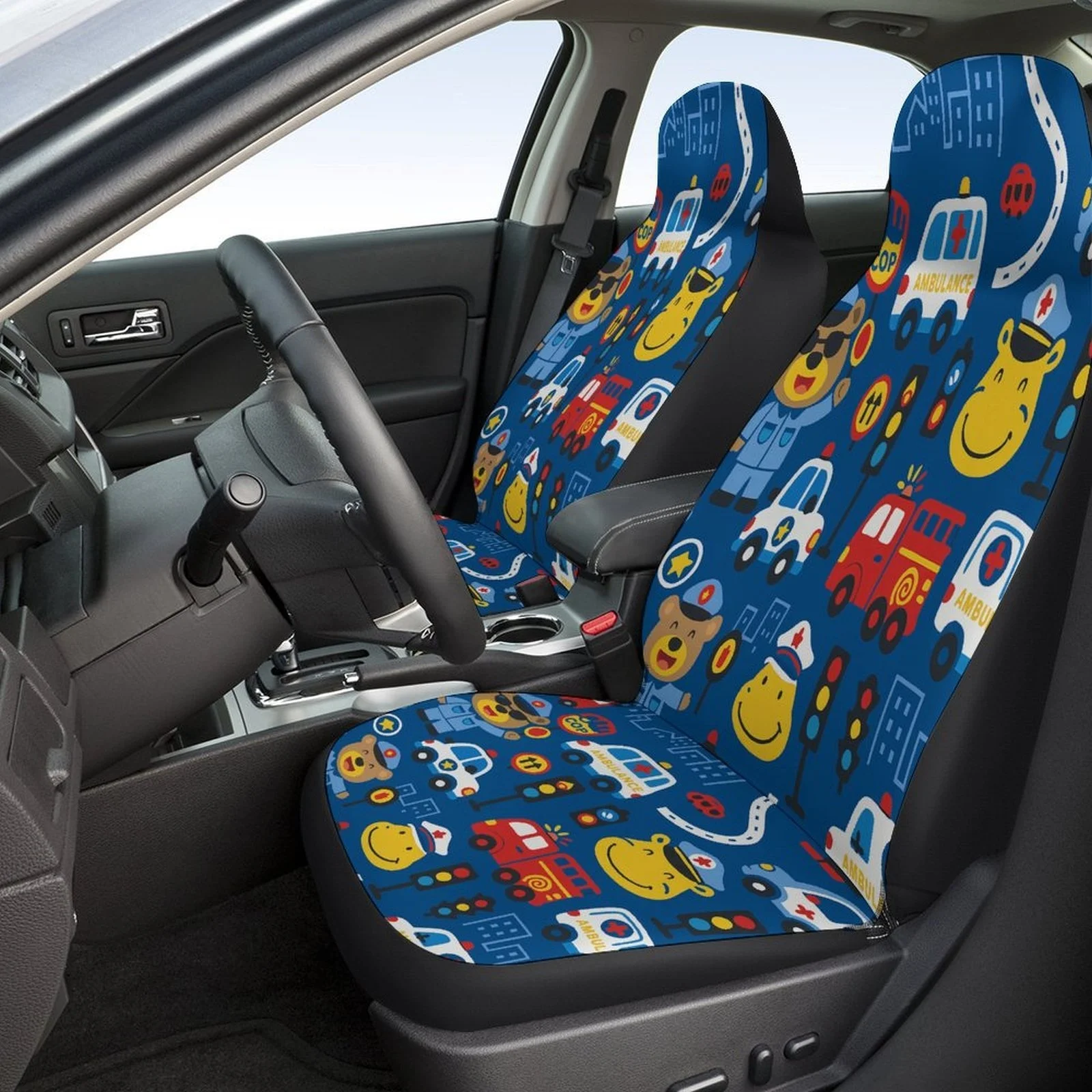 City Traffic Safety Designed Car Seat Covers Set For Most Cars, Trendy Novelty Decorative Car Seat Protector Covers Full Set, Un