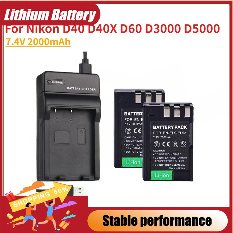 

For Nikon D40 D40X D60 D3000 D5000 Digital Camera For 7.4V 2000mAh EN-EL9 EN-EL9A Camera Battery + LED Charger New High Quality
