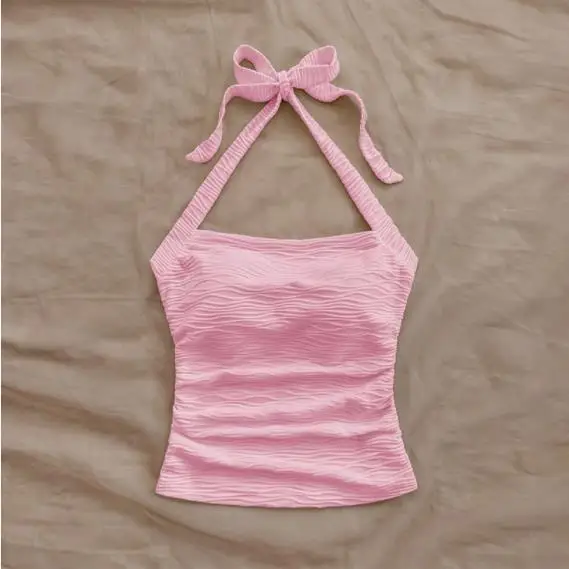 Camisetas sin mangas con cuello halter de verano para mujer, chaleco recortado sin mangas y espalda descubierta de color sólido para fiesta