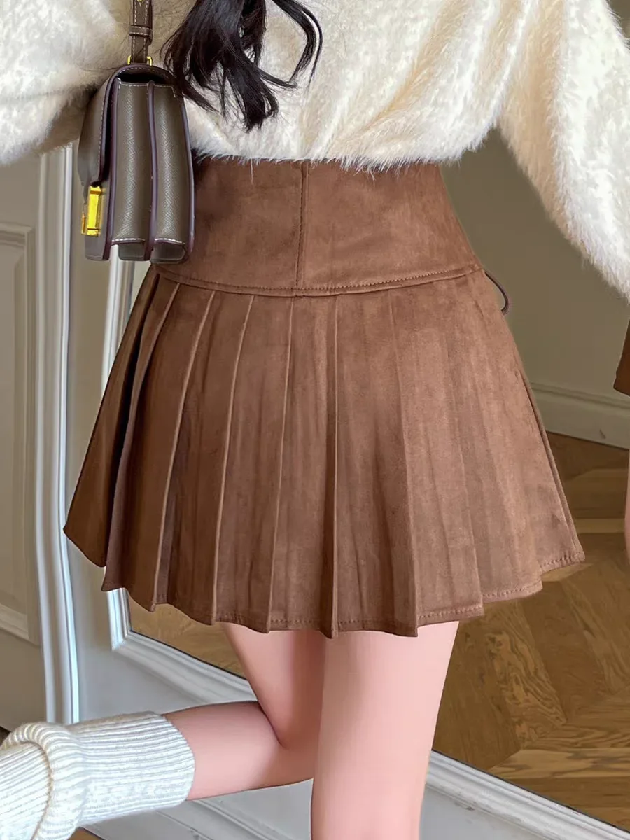 Women's New Collection Suede A-Line Skirts High Waisted Pleated Mini Flared Skirt for Autumn Winter, Casual Short Skirt