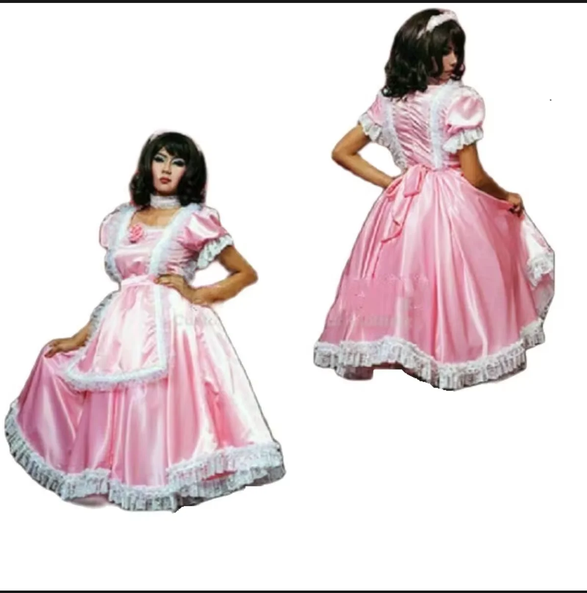 

Pink Satin Apron Lace Lace Long Short Sleeved Sissy Dress Maid Customized