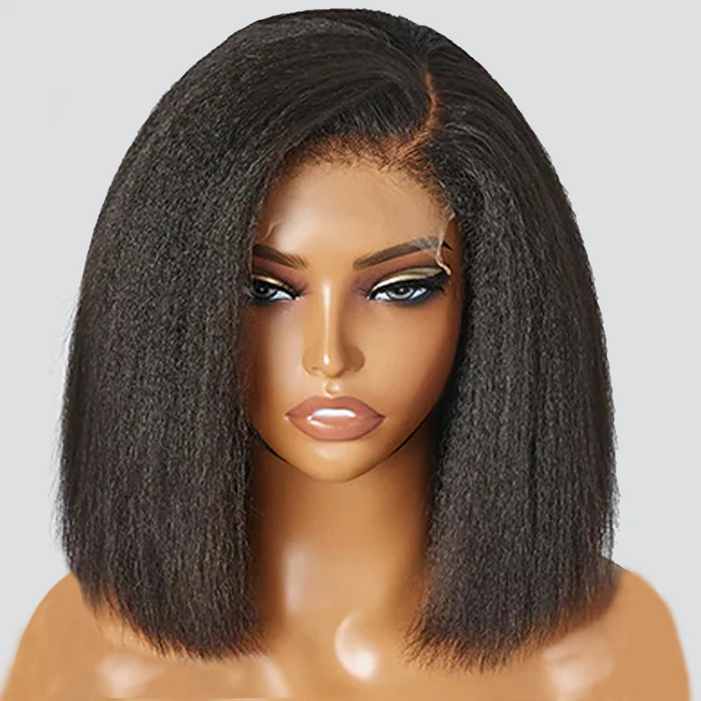 12A Yaki Straight Human Hair Wigs Pre Plucked Short Bob Wigs Kinky Straight 13x4 Transparent Lace Frontal Wig For Black Women