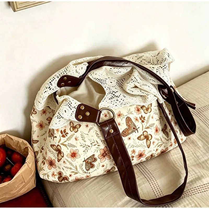 Mori Girl Ditsy-Blumenmuster-Schultertasche mit Spitzenbesatz und Patchwork-Design, Damen-Handtasche im Colorblock-Stil, leichte Vintage-Bohemian-Chic-Tasche – Detail 6