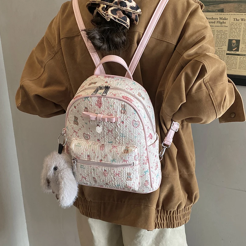 กระเป๋าเป้พิมพ์ลายหมีน่ารักสำหรับผู้หญิง 2025 ใหม่ กระเป๋าเดินทางลำลองความจุขนาดใหญ่ 6378XQ