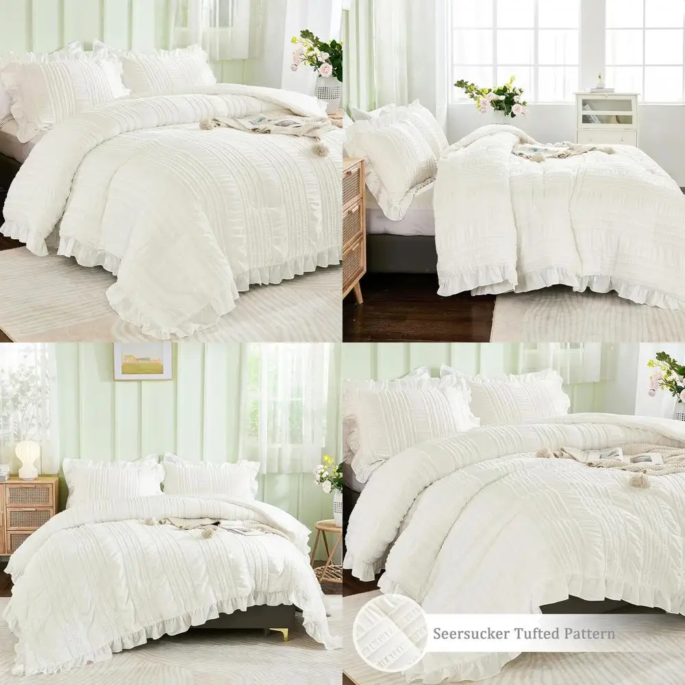 

Boho Style Queen Comforter Set with Ruffles, Seersucker Shabby Chic Bedding, 1 Comforter & 2 Pillowcases, 90x90