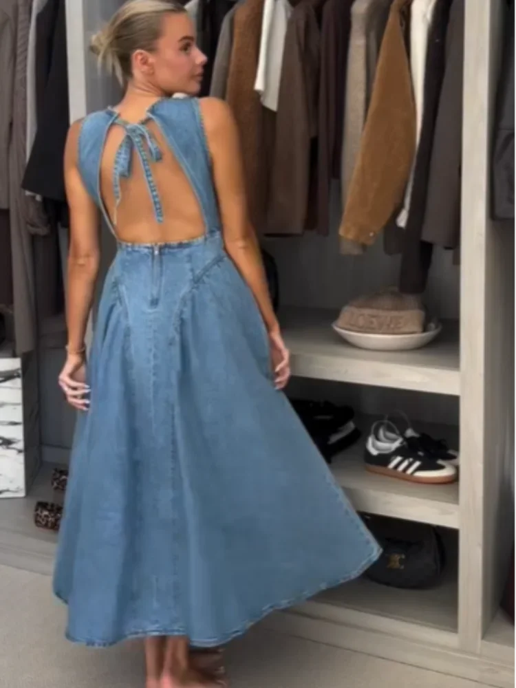 

2025 Women Chic Backless Lace Up Denim Dress Fashion O-neck Sleeveless Slim High Waist A-line Midi Robe Lady Casual Streetwear