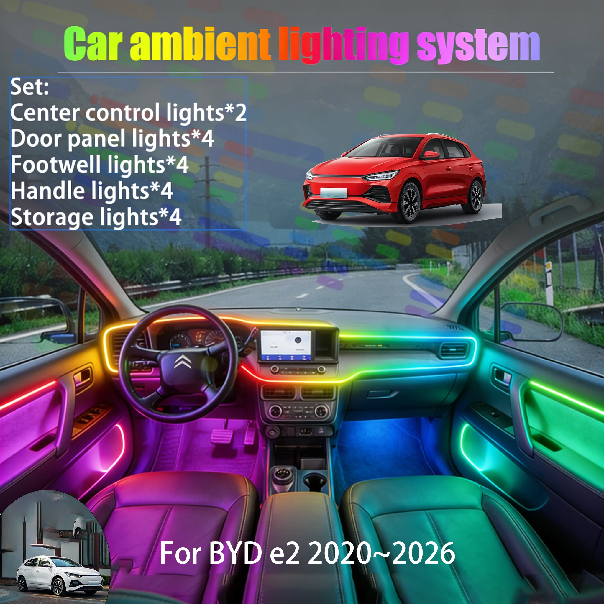 

For BYD e2 2020~2026 BYD e3 2/18 in 1 Car ambient lighting Led trunk interior led lights USB RGB Ensemble Streamer Auto Parts