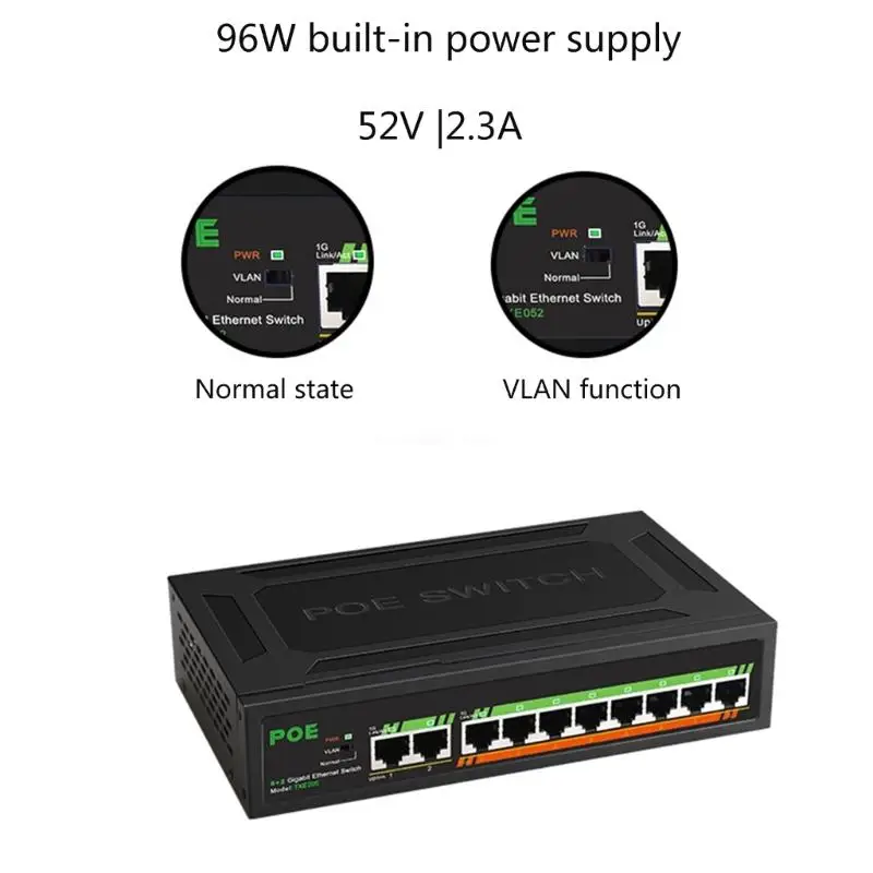 8 Port Gigabit PoE Switch +2-Uplinks Port with Built-in Power Plug-and-Use High-Performance Chip RJ45 10/100/1000Mbps