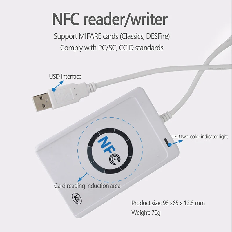 USB ACR122U Contactless Smart Card, Cartão de Acesso, Leitor de Cópia, IC, Elevador Residencial, Descriptografia, Cópia Máquina, 13.56MHz, ACR-122U