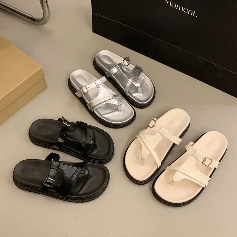 Summer Women Thong Flip Flops Slide Sandals Adjustable Buckle Platform Sole Non-Slip Daily Casual Beach Walking Shoes