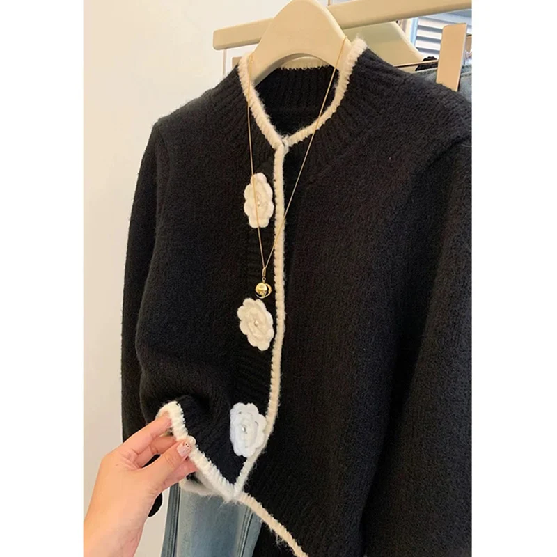 Autumn Winter Women Black Clothing Cardigan Knitting Sweater Long Sleeve Round Neck Casual Fashion Coat Female Flower Design Top