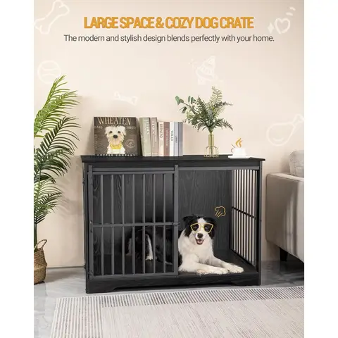 Grands meubles de caisse pour chiens, meubles de chenil d'intérieur pour chiens de 44.1 pouces avec porte de grange, caisse haute en bois pour chiens, Cage pour chiens robuste