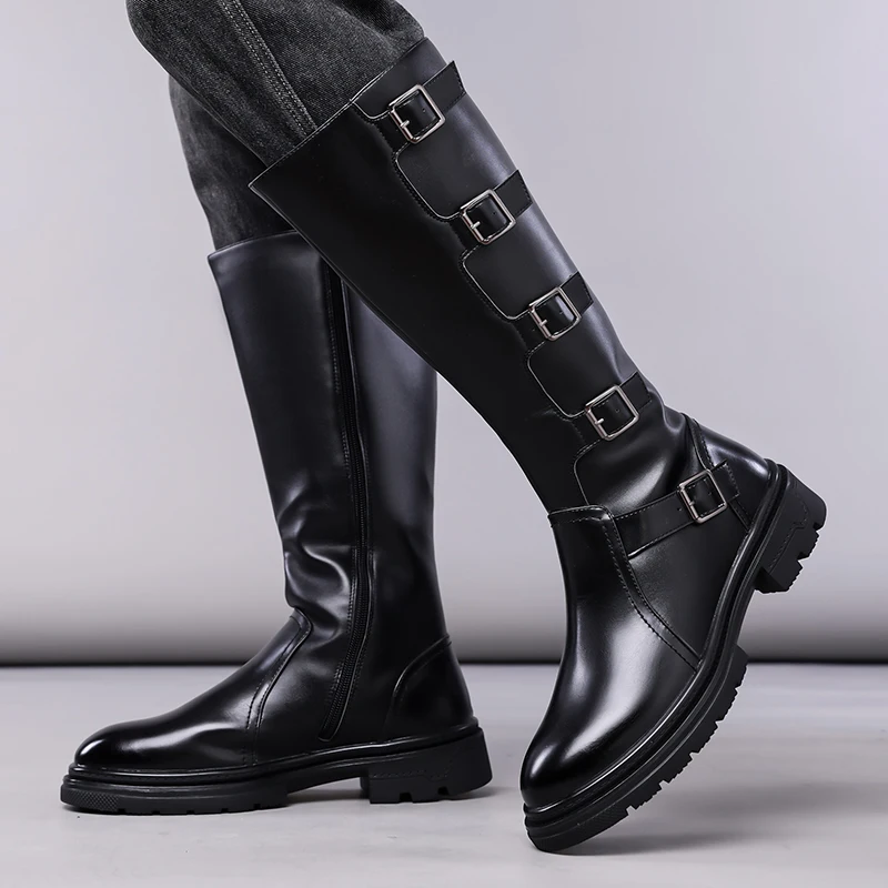 

italian brand designer high boots for men fashion punk gothic genuine leather shoes cowboy long boot handsome motorcycle botas