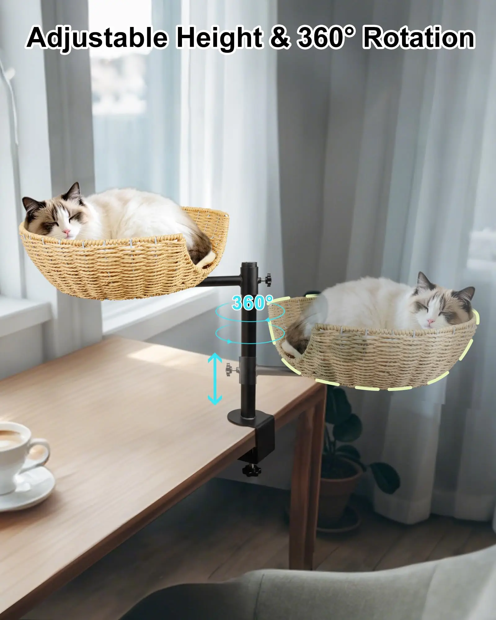 Nid rotatif de bureau pour chat, hauteur réglable, facile à installer, cadre d'escalade pour chat, bol intégré pour animaux de compagnie