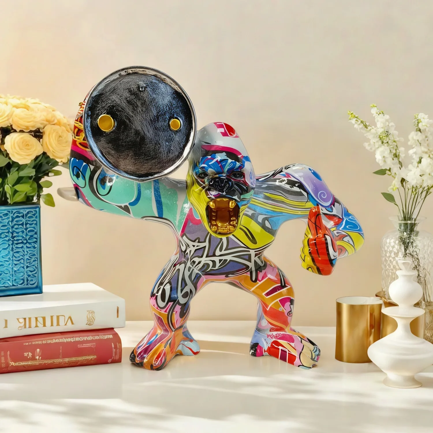 &R% American Style Transfer Print Gorilla Holding Oil Drum Statue Resin Collectible Figurine Home Office Desktop Decor