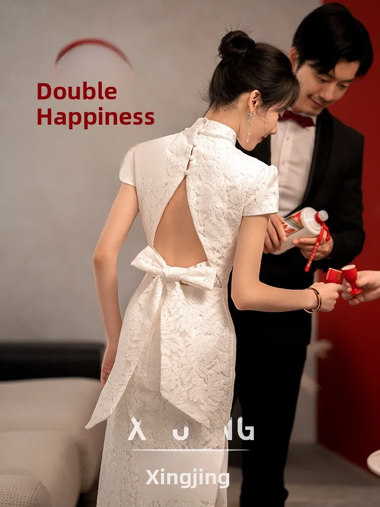 

White Lace Wedding Dr Young Sle High-Quali Vintage Wind Low Slit Long for Engagement And Return Ho...