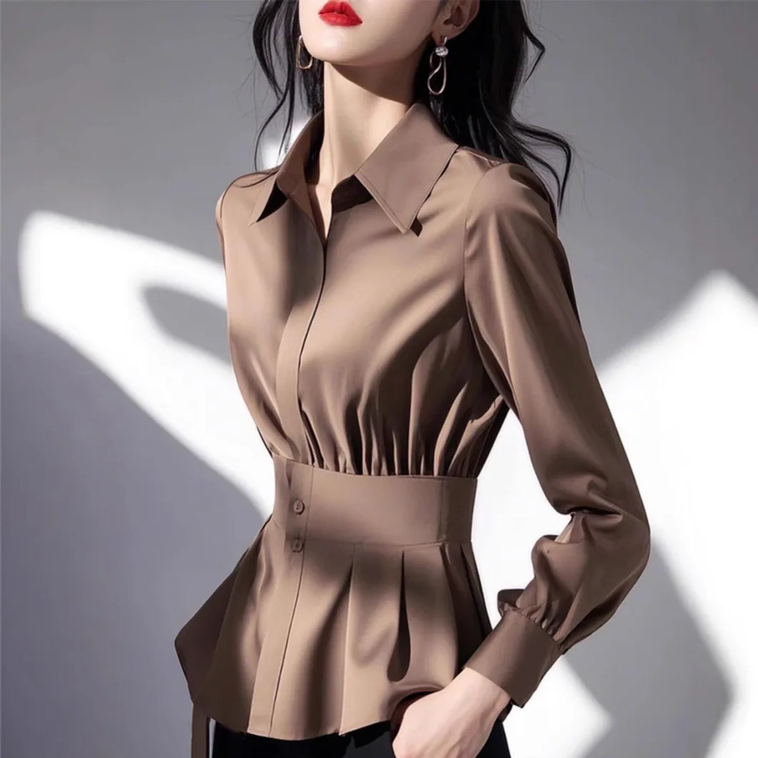 

Early Spring Unique Ele Luxury Cold Tone High-End Faion Versatile Silk Long Sve irt Ladies Premium Quali Blouse