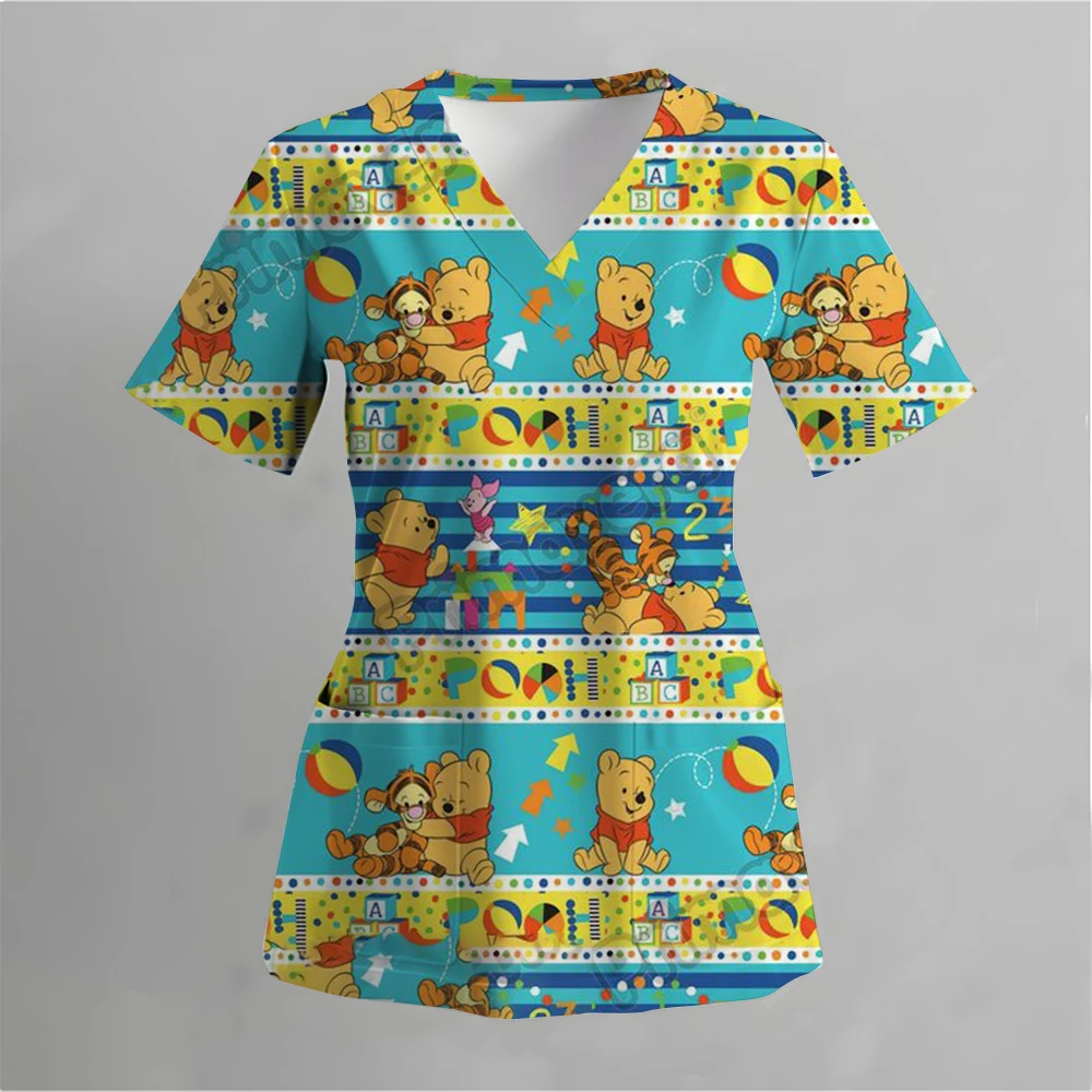 

Surgical Gown women's 3D Winnie The Pooh Printed V-neck Nursing Pocket Veterinary Workwear women's Medical Gown