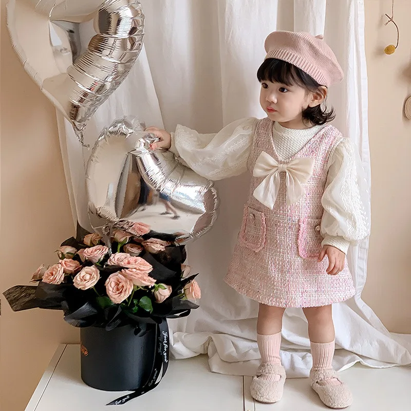 

New Girls Dress Spring Autumn Two Piece Set Undershirt Dress No Sleeve Soft Loose Soft Sweet Lovely Outdoor Bow Pink