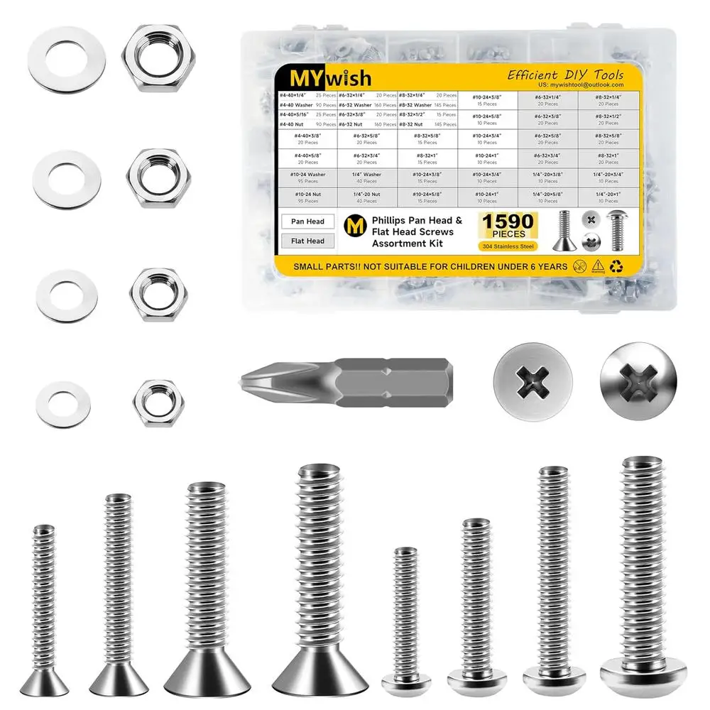 Assortiment de vis à Machine en acier inoxydable, écrous à tête plate Phillips, boulons, rondelles, attaches, ensemble d'outils de réparation de bricolage, 1590 pièces