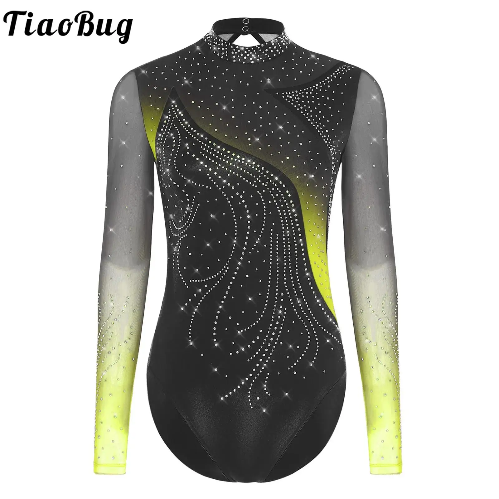 

Women Figure Skating Ballet Performance Costume Mesh Long Sleeve Streamlined Splice Rhinestones Bodysuit Leotards Gymnastic