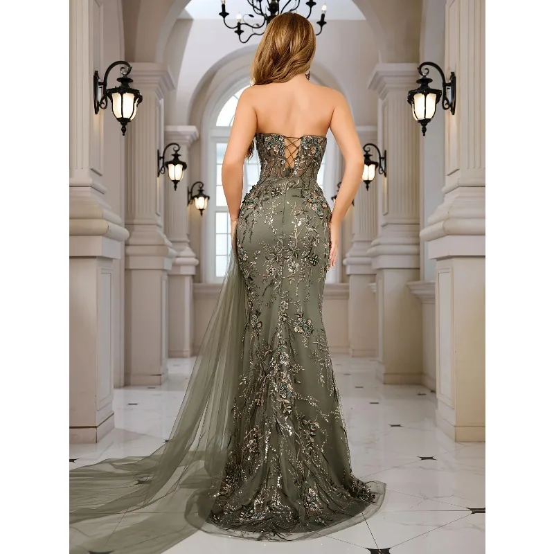 Strapless Embroidered Ball Gown Women Olive Green Evening Dress with Floral Train Party Dress Vestdos De Fiesta Customized