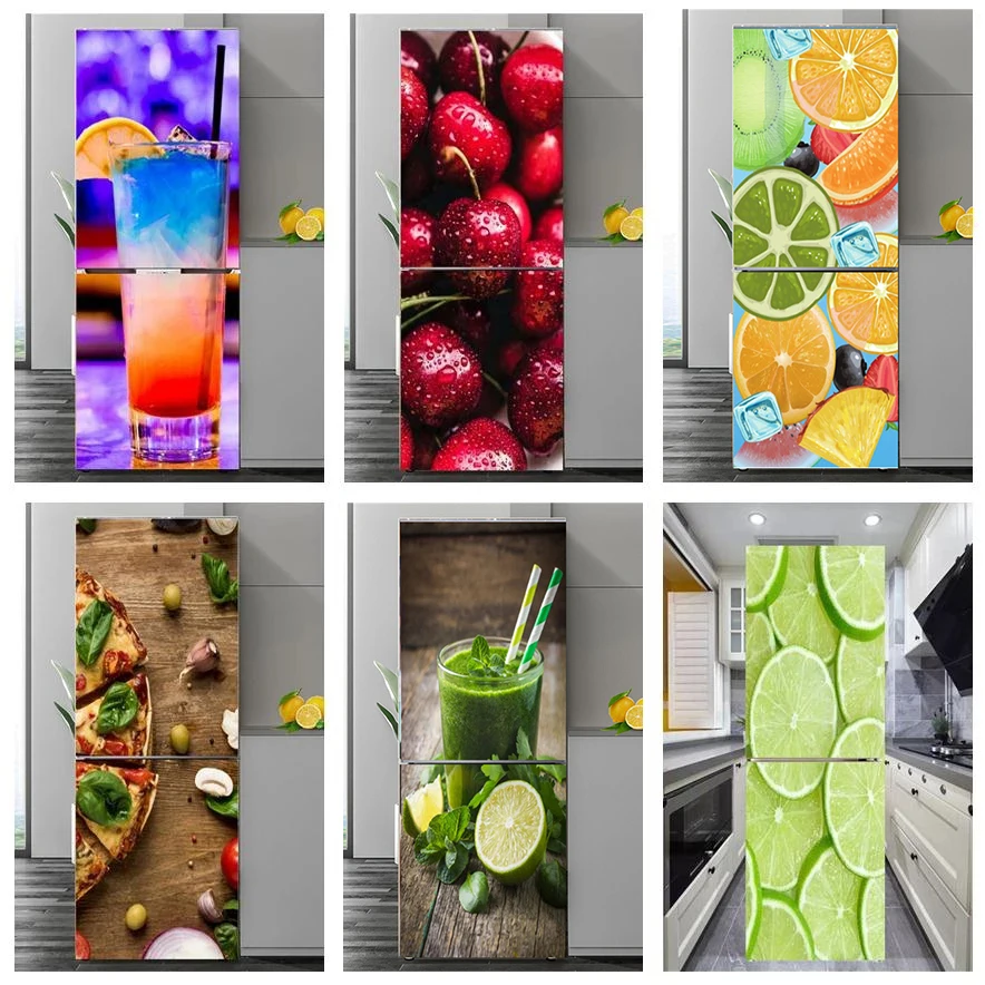 Self Adhesive 3D Fruit Dessert Fridge Door Sticker Mural Wallpaper Waterproof PVC Cake Wine Cup Refrigerator Door Decals Sticker