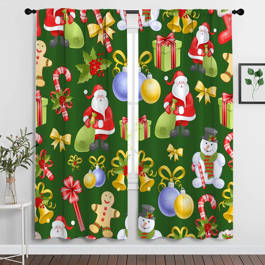 2PCS Christmas Curtains, Green Santa Candy, Digital Print, Bedroom Living Room Kitchen, Rod Pocket Polyester, Home Decor