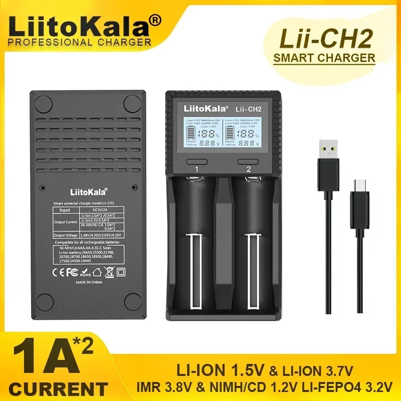 LiitoKala Lii-CH2 1-5CPS 1.5V AA AAA Li-ion akumulator litowy inteligentna ładowarka do 3.2V 3.7V 18650 21700 26650 26700