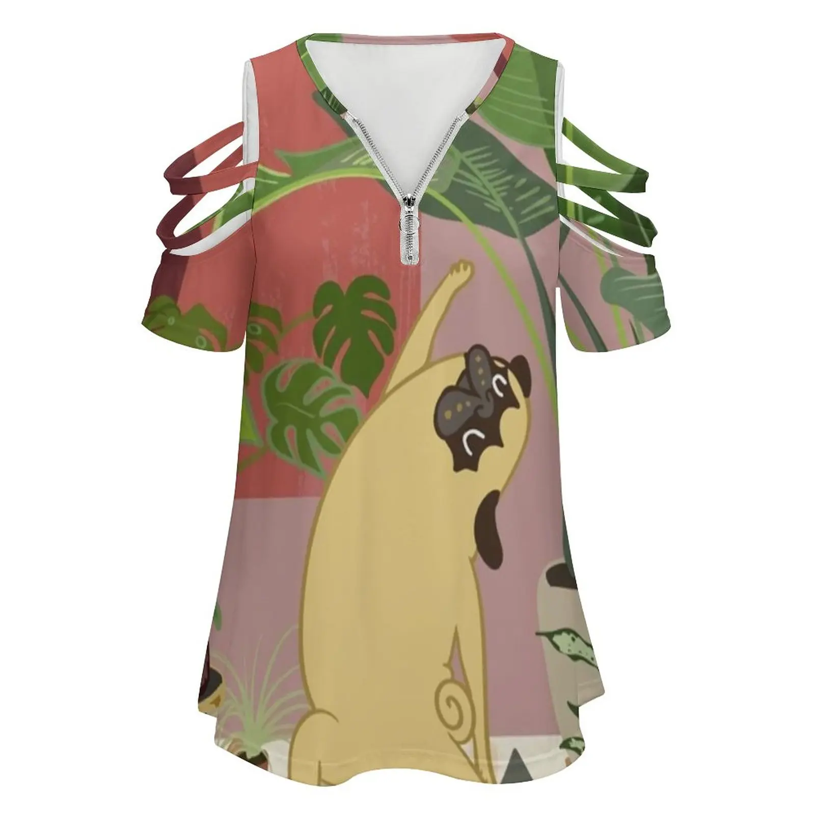 Pug Yoga With Plants Women Zipper Various styles Printed T Shirts Tops Full Print T-Shirt Pug Yoga Plants Green