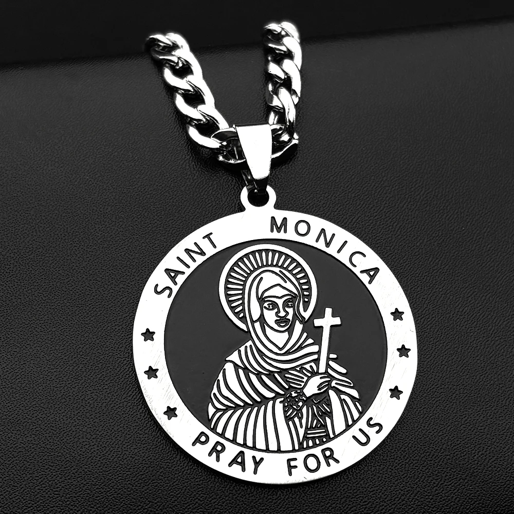 Katholische SAINT MONICA PRAY FÜR UNS Anhänger Halskette für Frauen Männer Edelstahl Silber Farbe Religion Medaillon Kette Schmuck
