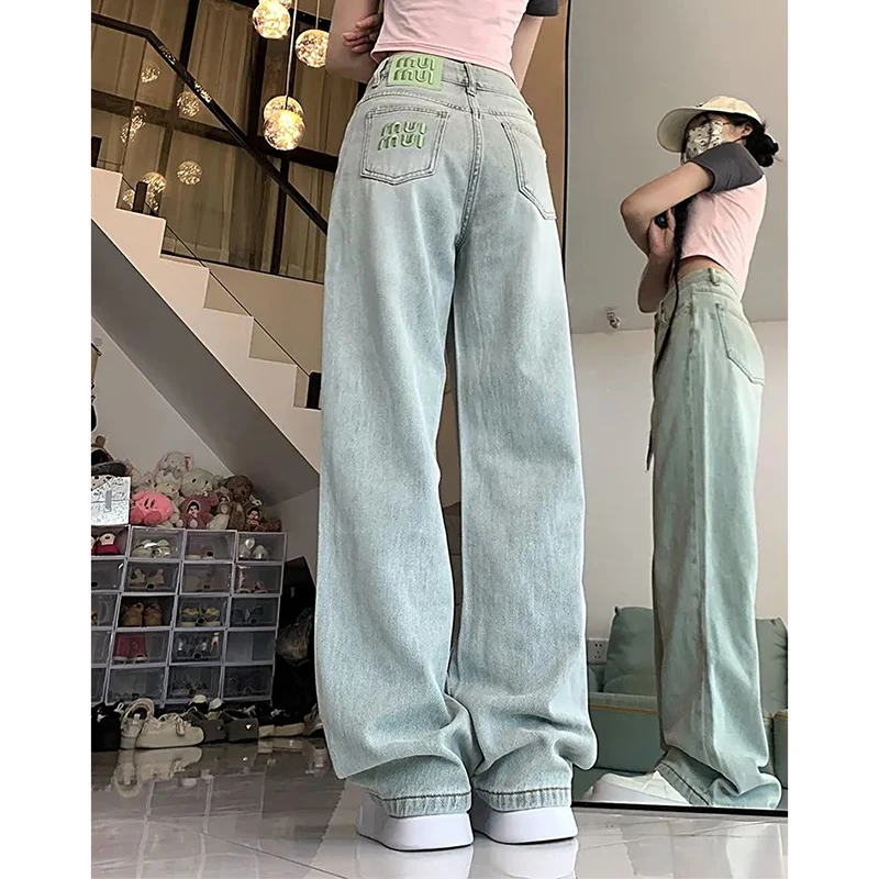 女性シックなグリーン刺繍ジーンズパンツ女性ルーズフィットデニムパンツ女の子ハイウエストストレートレッグジーンズズボン