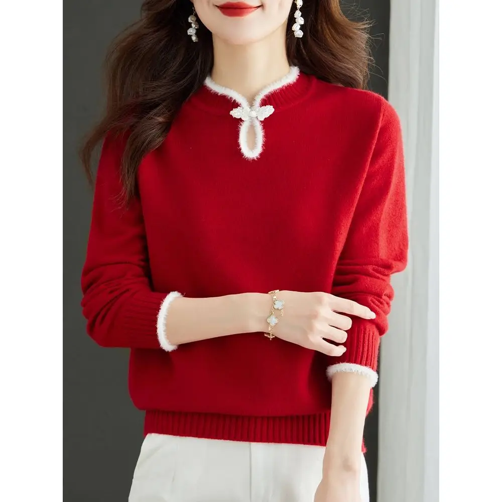 

Китайская женская базовая рубашка в китайском стиле для женской новой осенне-зимней одежды, красный свитер большого размера