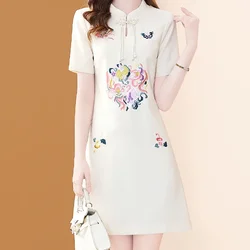 EVNISI Women Floral Embroidery Slim Office Dress Elegant Vintage Chinese Button A-line Dresses Women Party Vestido Summer 2024