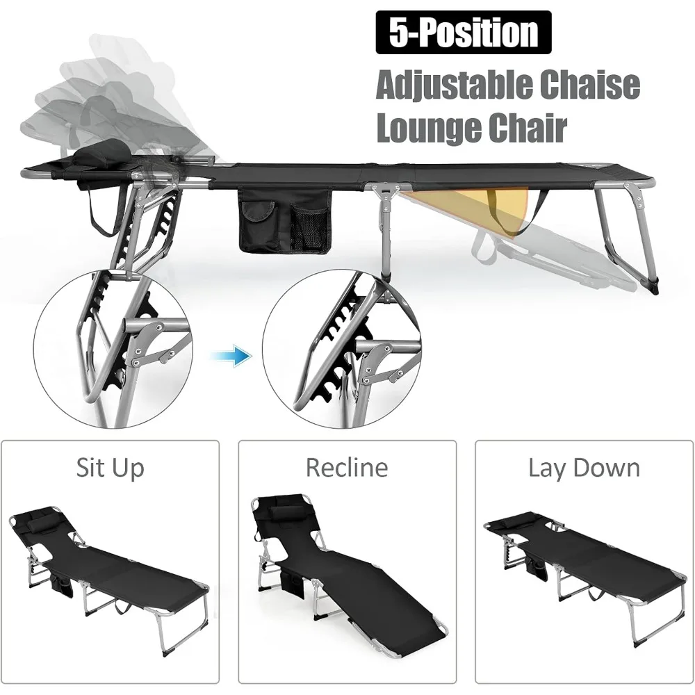 كرسي استرخاء خارجي مع فتحة ذراع للوجه، وسادة قابلة للفصل، مسند ظهر قابل للتعديل، جيب جانبي، مقبض حمل، مثالي لـ Bea