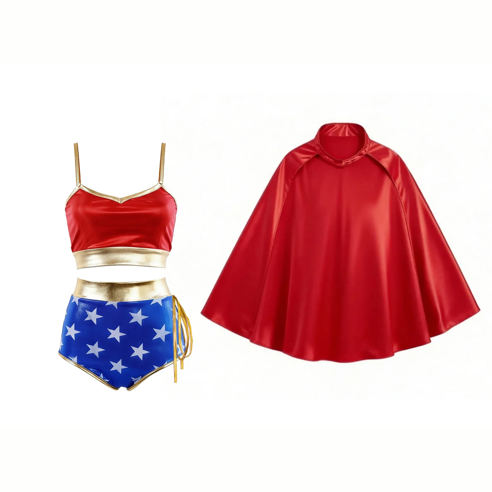 3Pcs Women Hero Costumes, Gold Trim Spaghetti Strap Tops Star Mini Shorts and Red Cloak Set of 3 for Halloween Cosplay Party New - view 5
