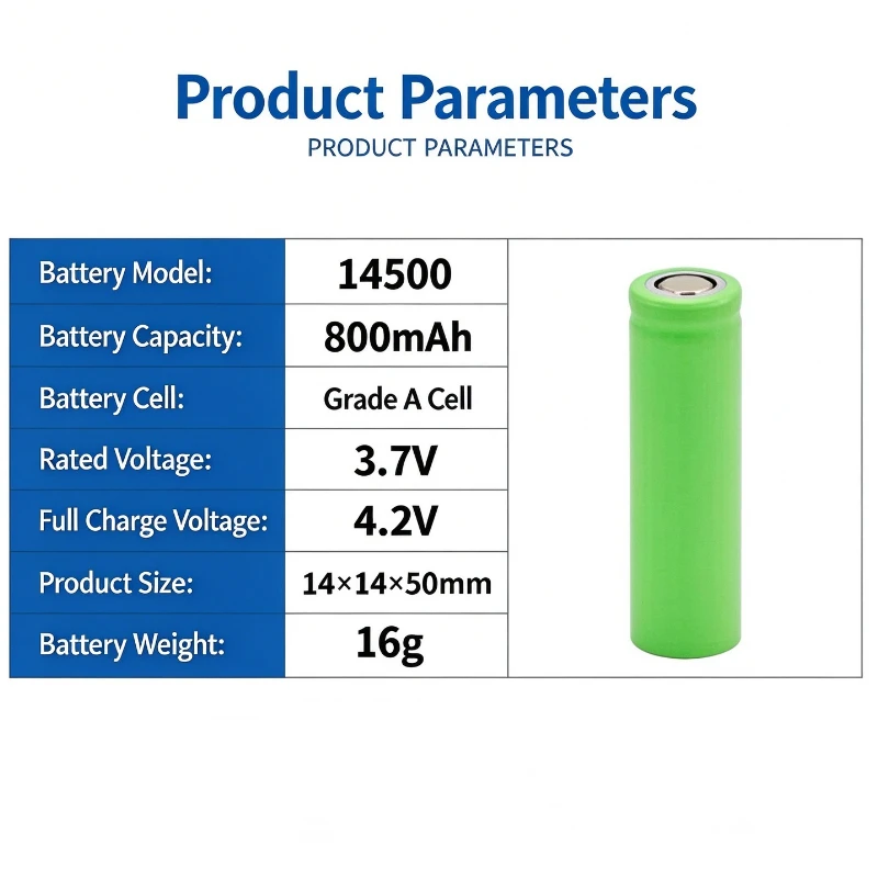50PCS For 14500 Lithium Battery Flat Head 300mAh 500mAh 600mAh 800mAh Rechargeable Power Supply High Rate