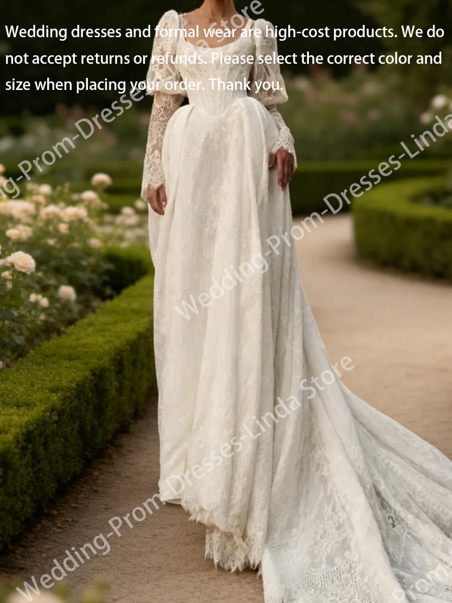 Elegant Scoop Collar Lace Puff Sleeve Basque Straight Bride Wedding Dresses Bridal Gowns Customized