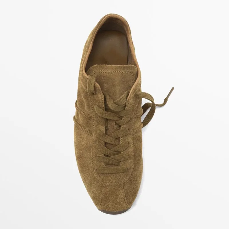 Withered Nordic Women's Leather Flat Bottomed Round Toe Retro Camel Suede Sports Shoes With Lace Up Casual Training Shoes Woman