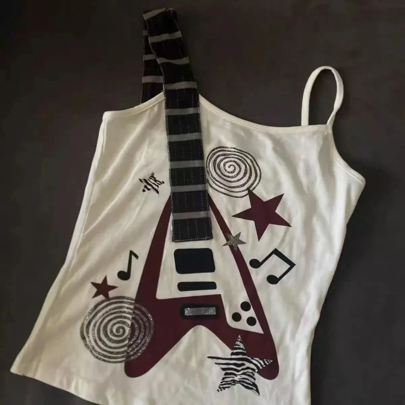 Y2k Subculture Punk Rock Trend Visual Design Musical Note Printed Camisole Vintage Fashion Hip Hop Personality Slim Emo Girl Top