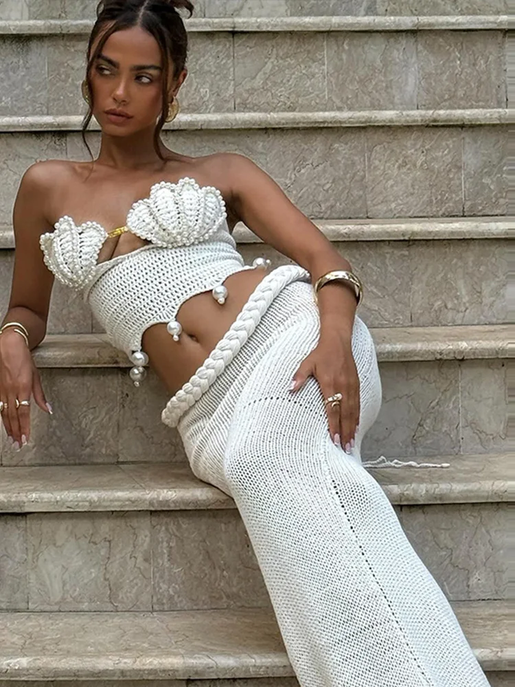 

Sexy Crochet Pearl Hollow Skirt Set Women Bikini Tube Top Slim Twisted Hip Package Long Skirts 2025 Summer Lady Beach Outfits