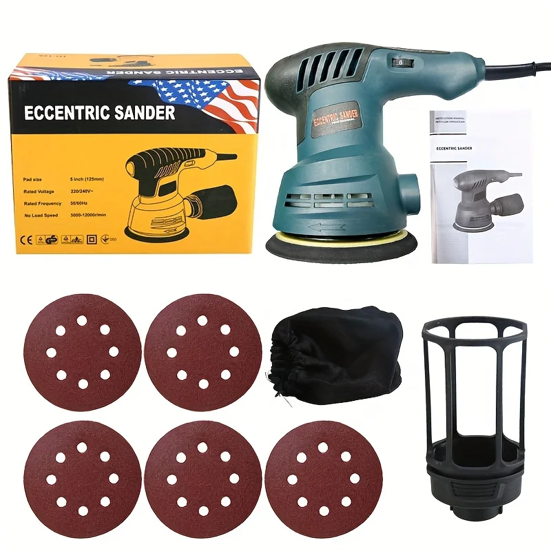 

Random Orbit Sander 5pcs Sandpapers, 5in Sanding Pad, Dust Collection, Perfect For Woodworking Wood Metal Wall Paint Polishing