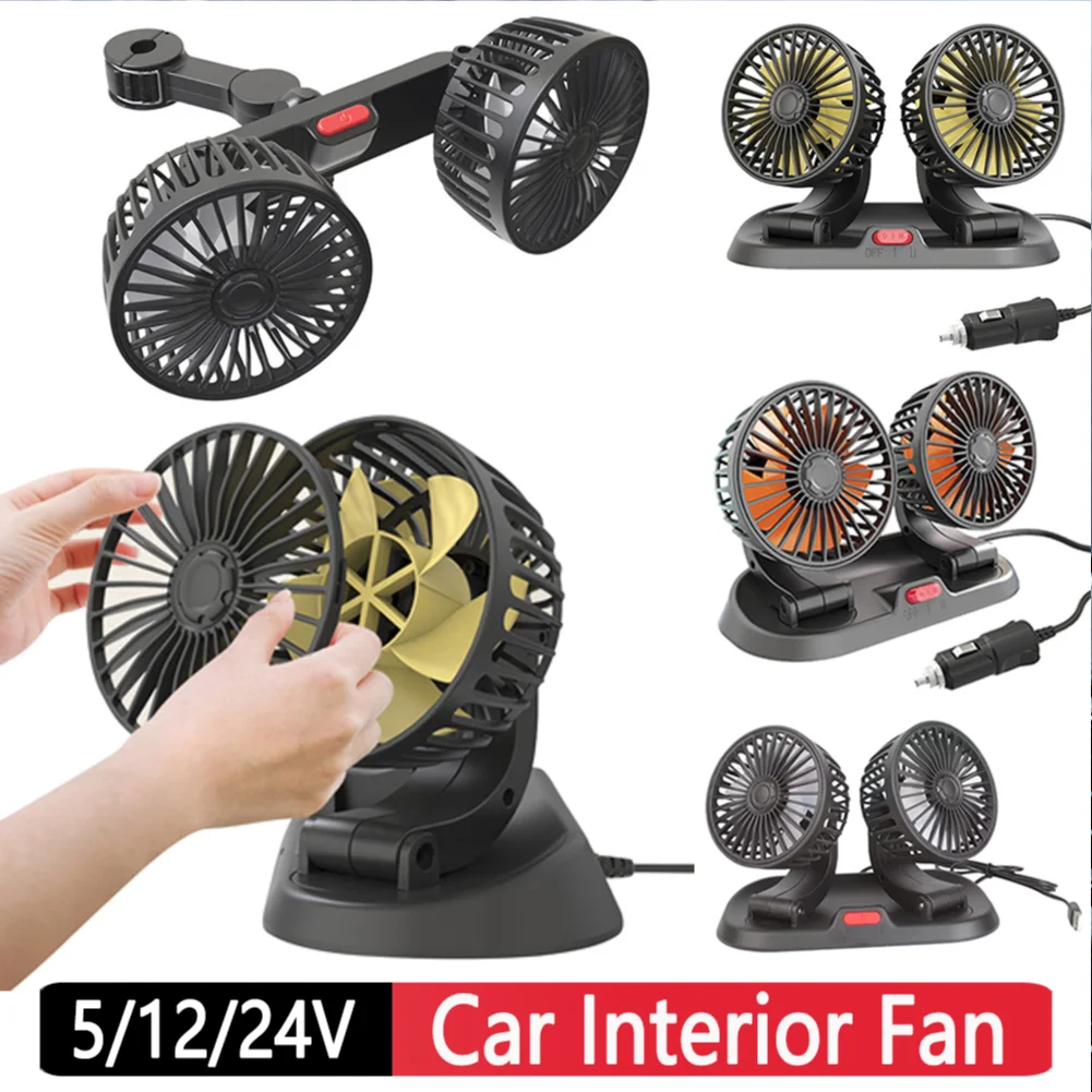 2-speed Car Cooling Fan Cigarette Lighter 24V 12V Fan 5V USB Charge Dual Head Car Fan 360 Degree Rotation Air Conditioning